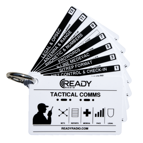 A fanned-out set of tactical communication cards on a metal keyring, branded Ready Radio. The cards are white with black text and icons, showing labels such as Legal & OpSec, Antenna & Range, Phonetic & Numbers, Prowords, Line MeDEVAC, Sitrep Format, Net Control & Check-In, and a front card reading Tactical Commis with Ready Radio branding and website.